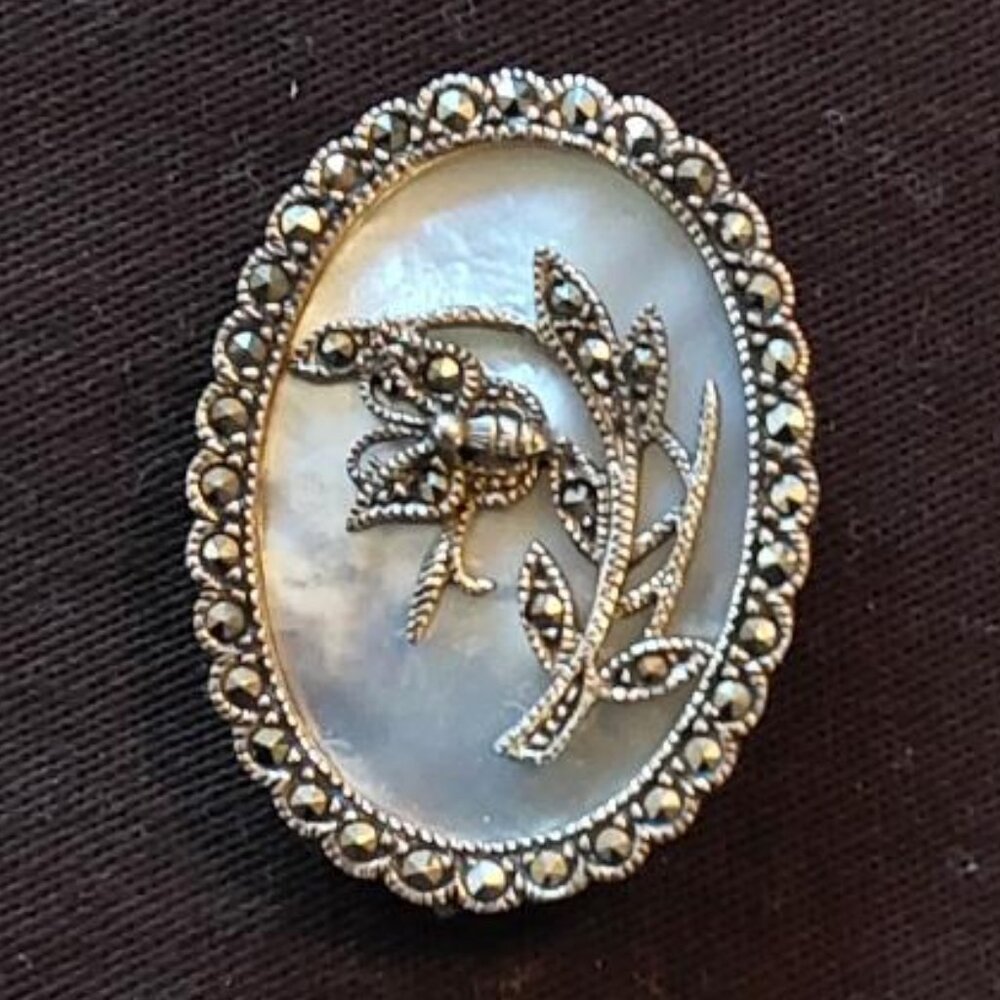 Vintage Sterling Silver Mother of Pearl Inlay Marcasite Butterfly Scene Brooch